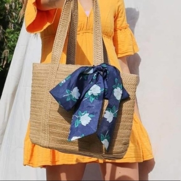 Draper James Handbags - Draper James Straw Bag Tote with Navy Blue Floral Scarf Bow